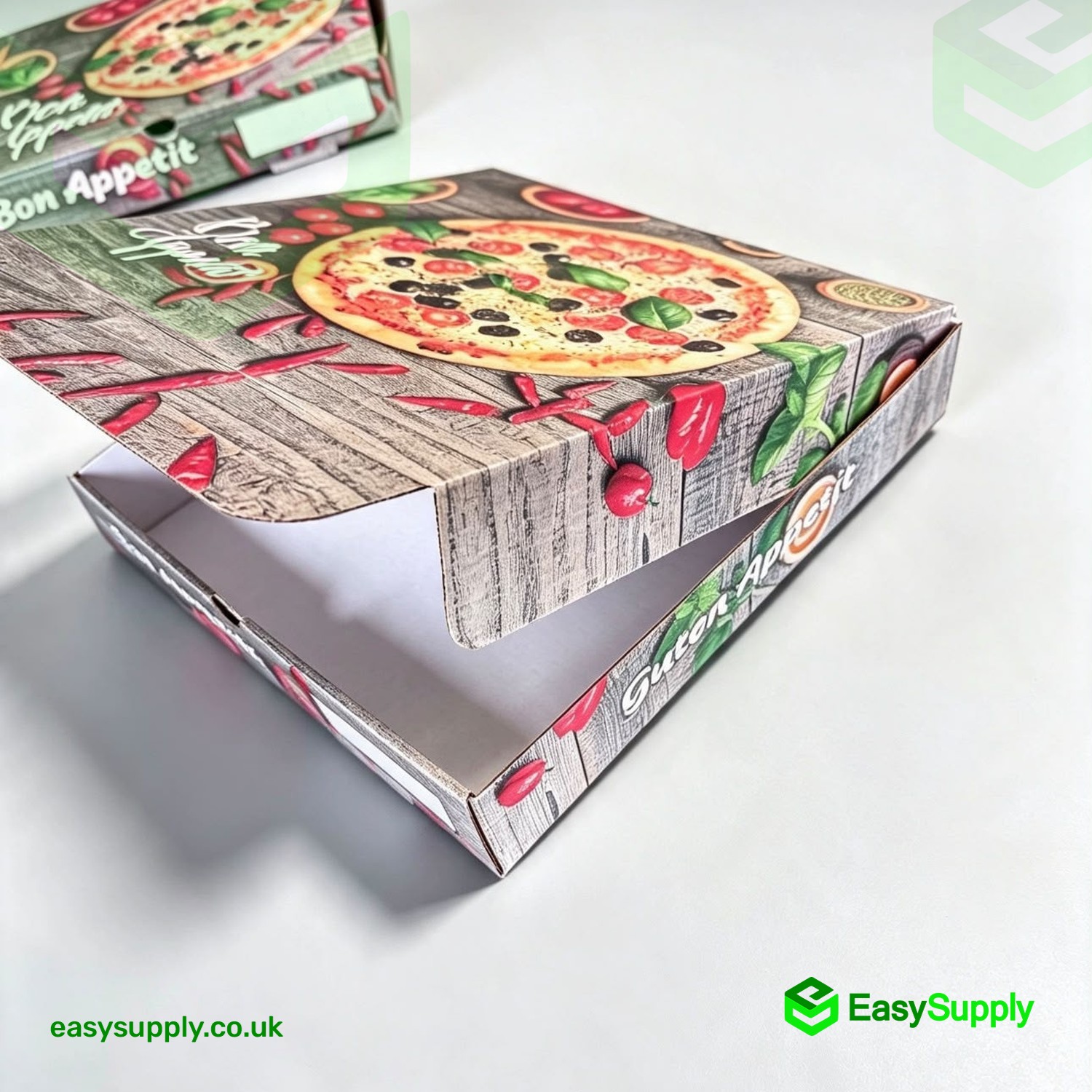 Two 10 inch Bon Appetit pizza boxes showing the lid design detail
