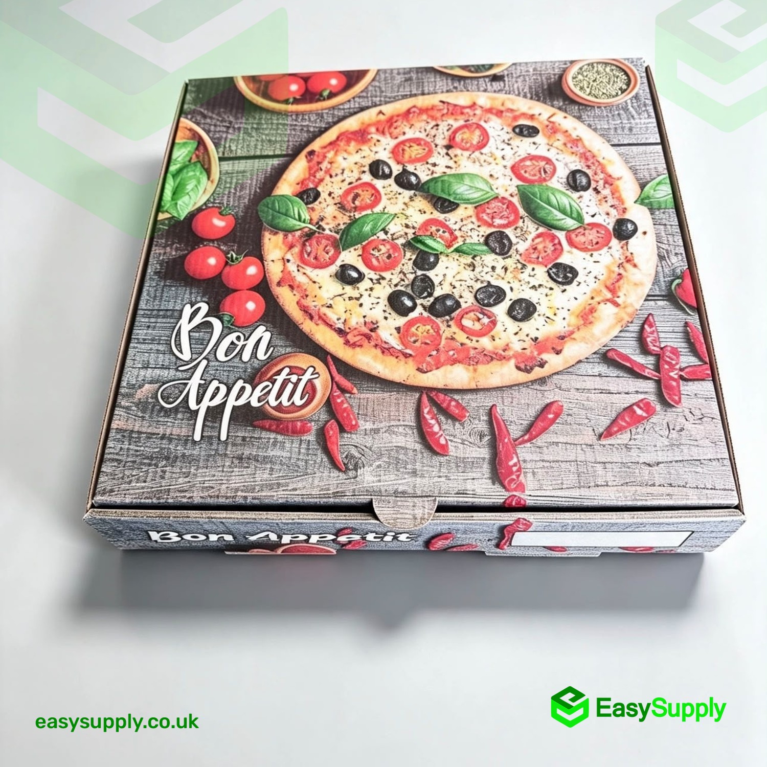 10 inch Bon Appetit pizza box closed, showing the printed pizza and chilli design