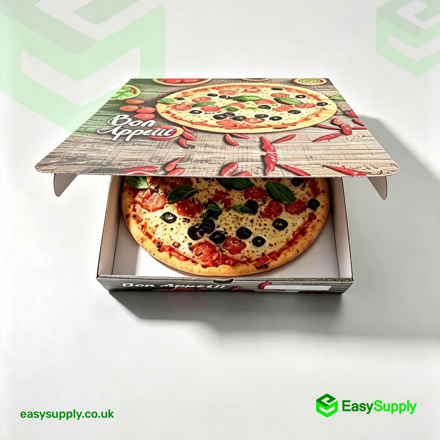 18 inch Bon Appetit pizza box half open showing the printed lid