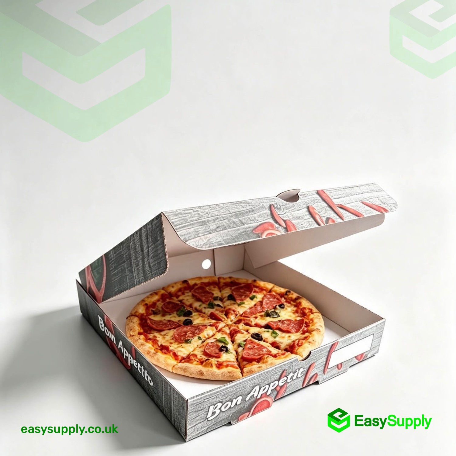 Open 18 inch Bon Appetit pizza box with a sliced pepperoni pizza
