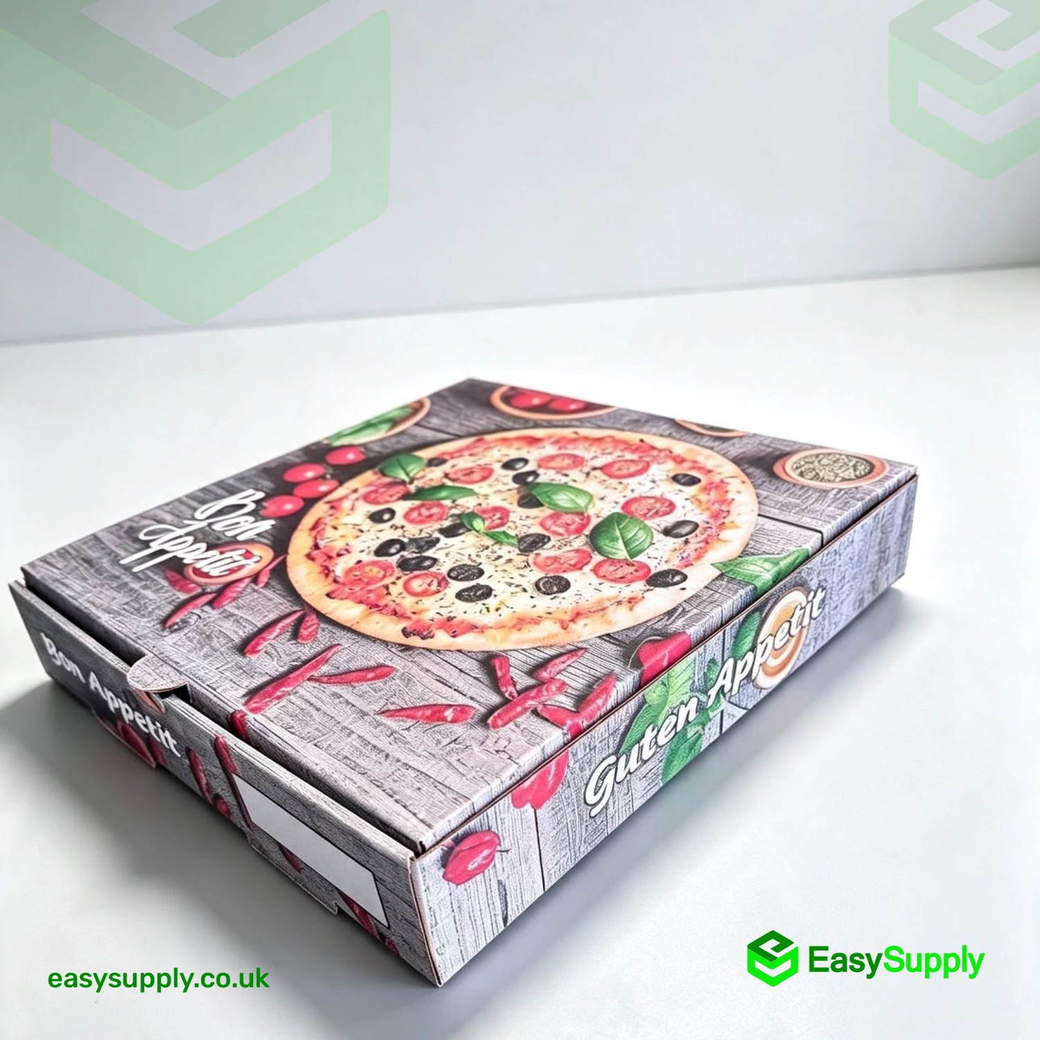 9 inch white Bon Appetit print pizza box shown closed at an angle