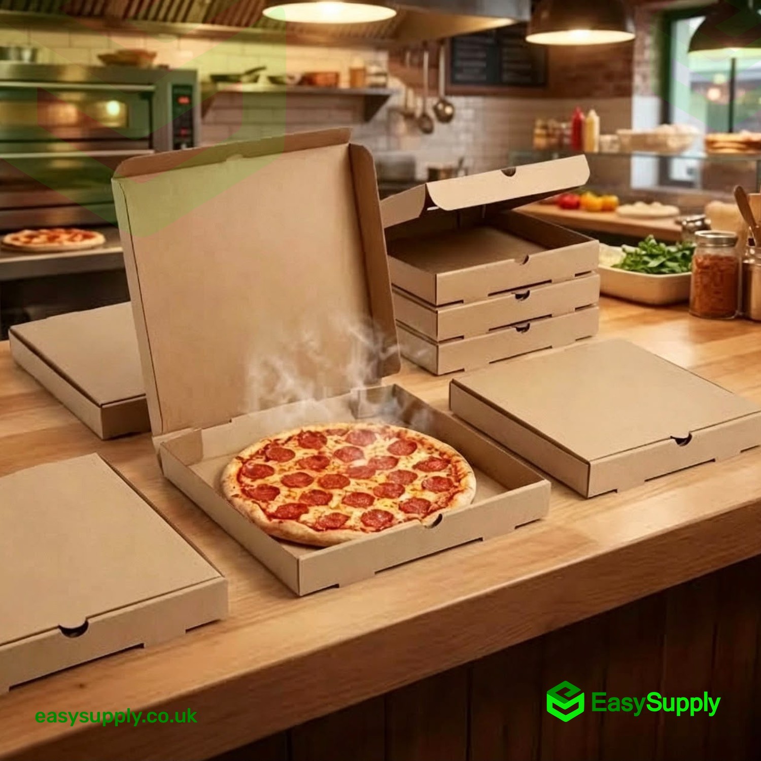Brown kraft pizza boxes with a fresh pepperoni pizza on a pizzeria counter