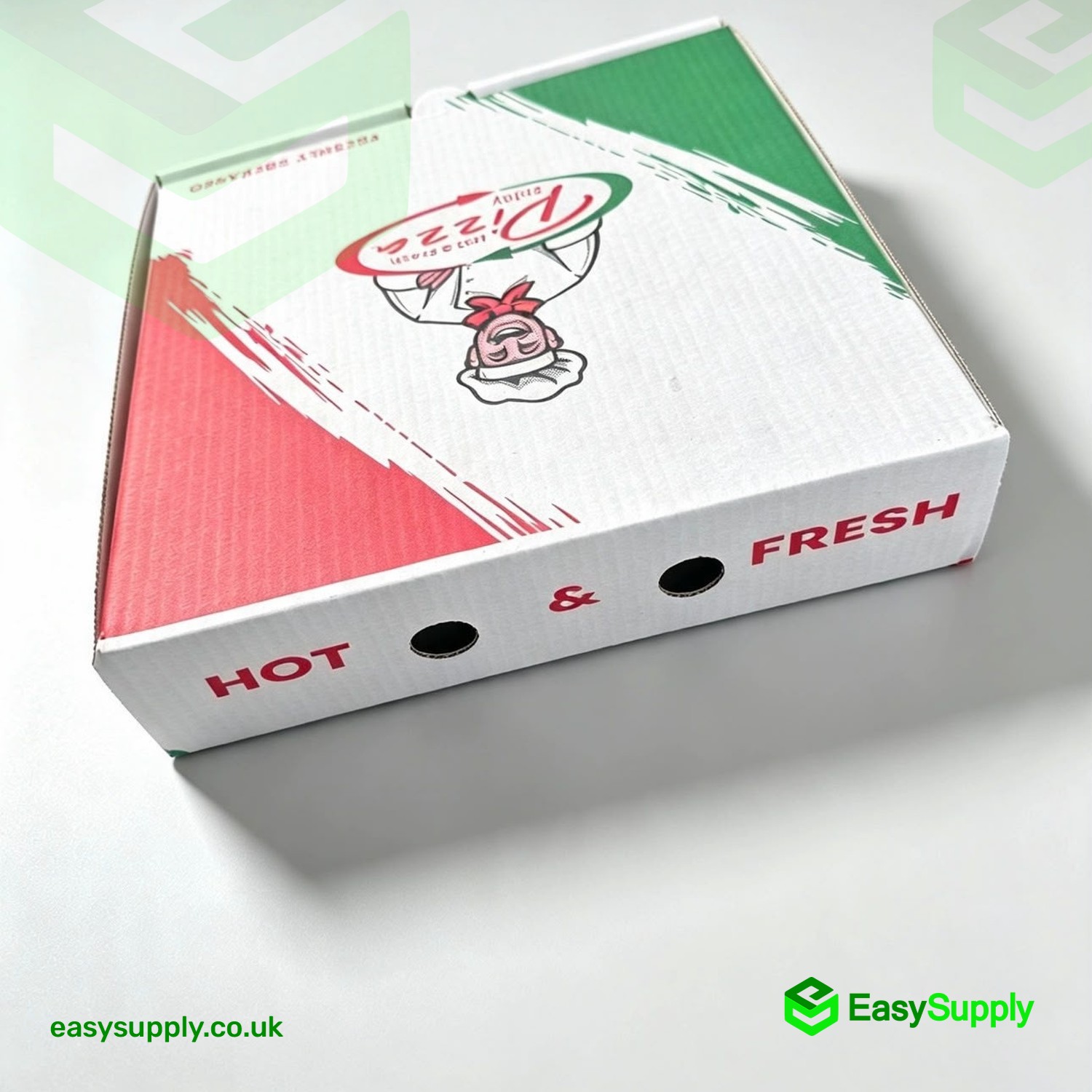 13 inch Italian print pizza box showing the Hot and Fresh side print