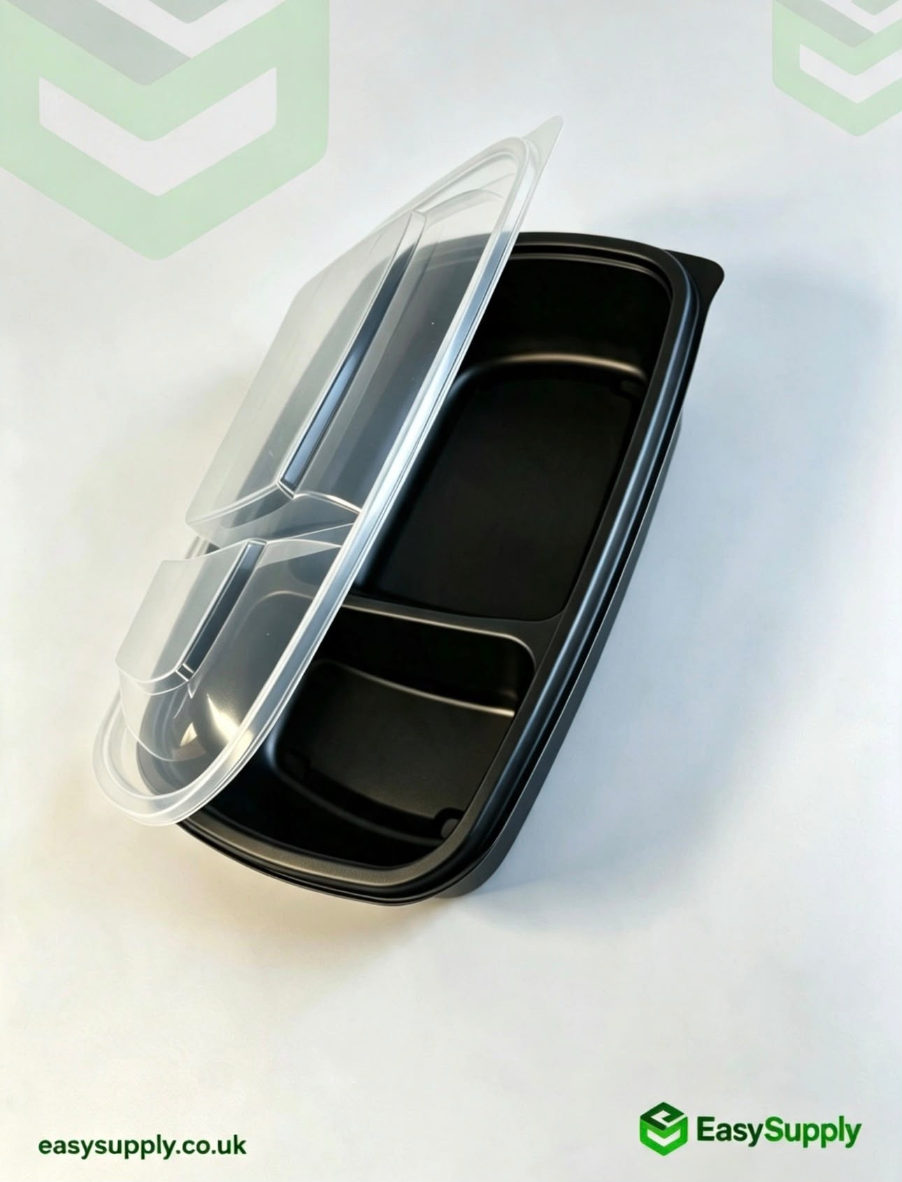 Clear PP lid on black 2-compartment container angled